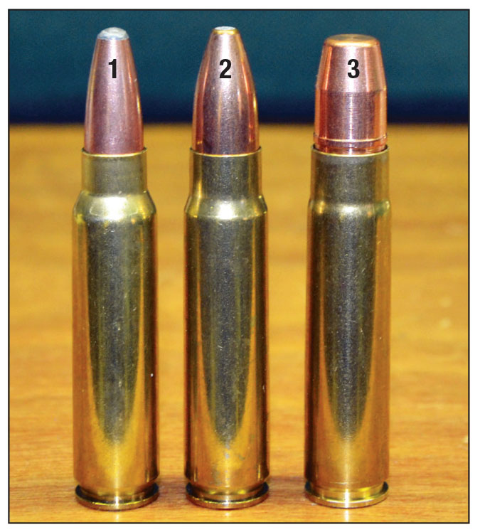 The .416 B&M is shown here with two other McCourry wildcats on the shortened Remington Ultra Mag case: (1) 9.3 B&M, (2) .416 B&M and (3) .458 B&M.